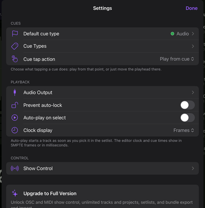 The CueStack Settings screen.