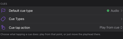 The Cue tap action setting, under Cues in Settings.
