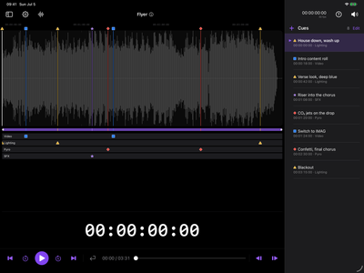 The CueStack editor with a track loaded: waveform in the center, cue list on the right.