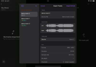 The Import Tracks sheet with staged files on the left and track details on the right.